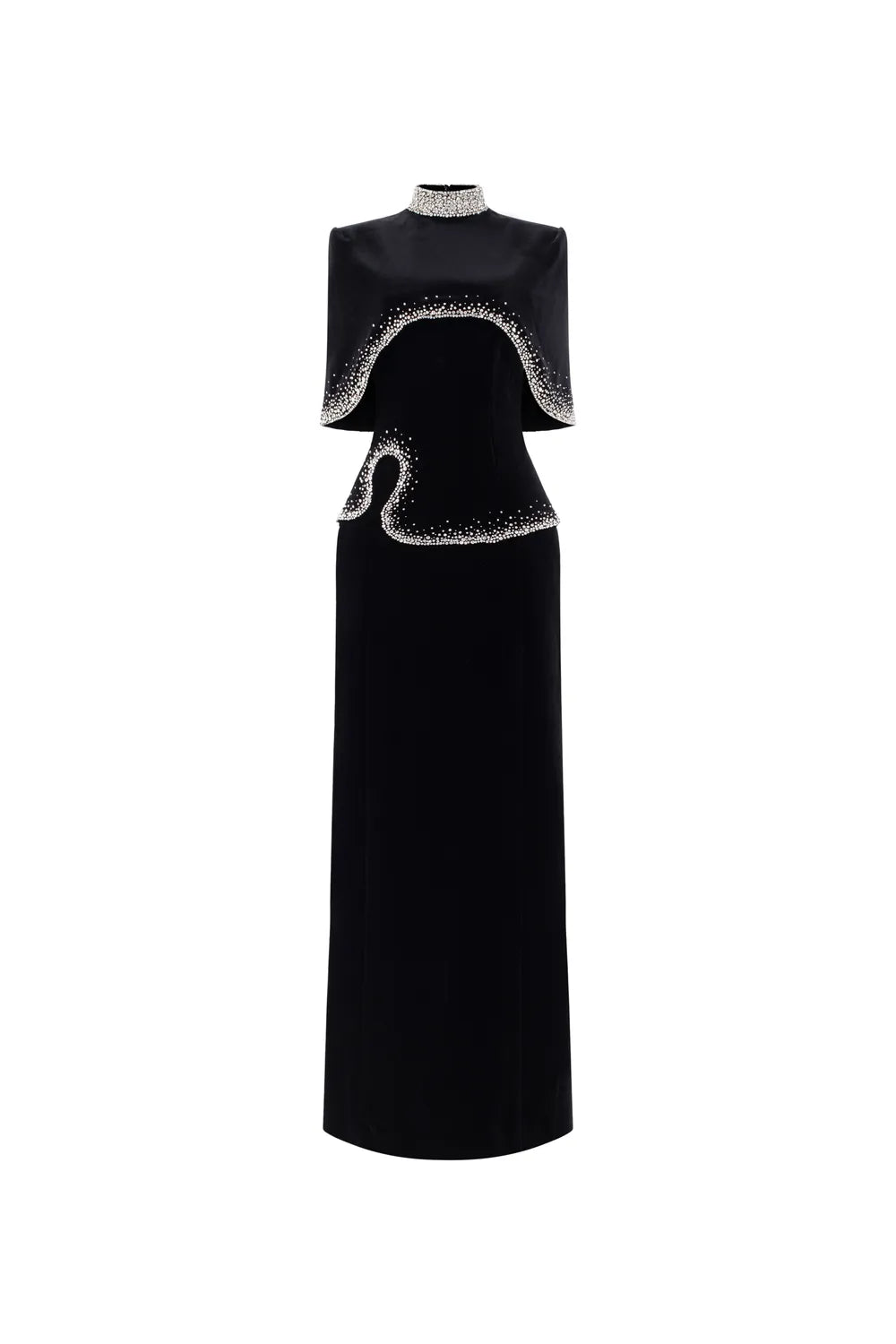 High Neck Curved Cape With Wavy Crystal Embellished Line Dress Set